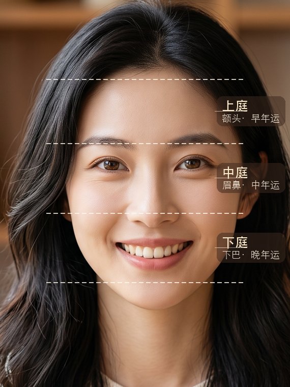 面相三庭示例图：上庭额头主早年运、中庭眉鼻主中年运、下庭下巴主晚年运